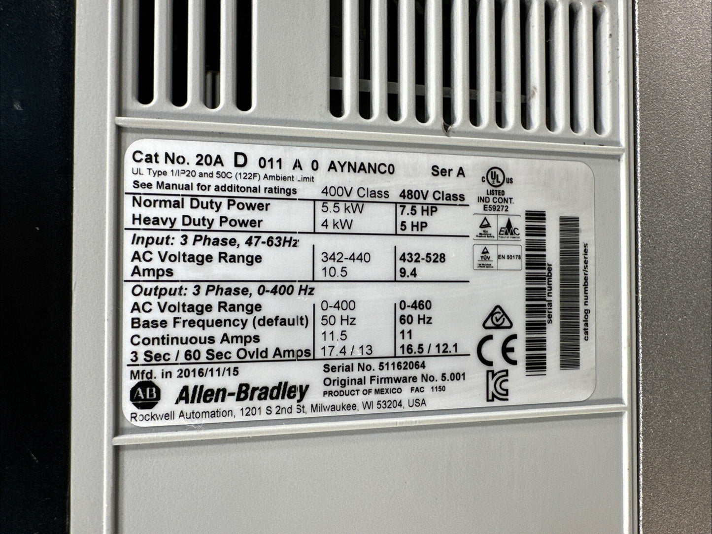 Allen Bradley 20AD011A0AYNANC0 /A 11A 7.5HP (6.5.1)