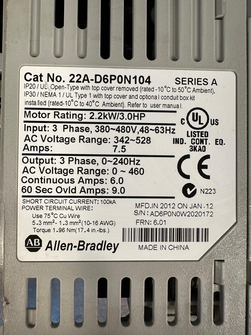 Allen-Bradley PowerFlex4 22A-D6P0N104 Ser.A 3 Ph 480v 2.2kw (1d-03)
