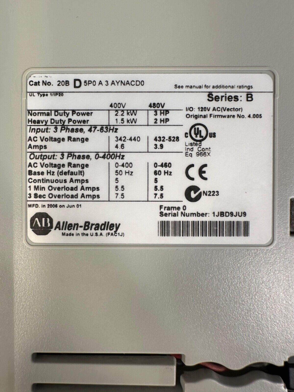 Allen Bradley 20BD5P0A3AYNACD0 PowerFlex 700 AC Drive (1C-22)