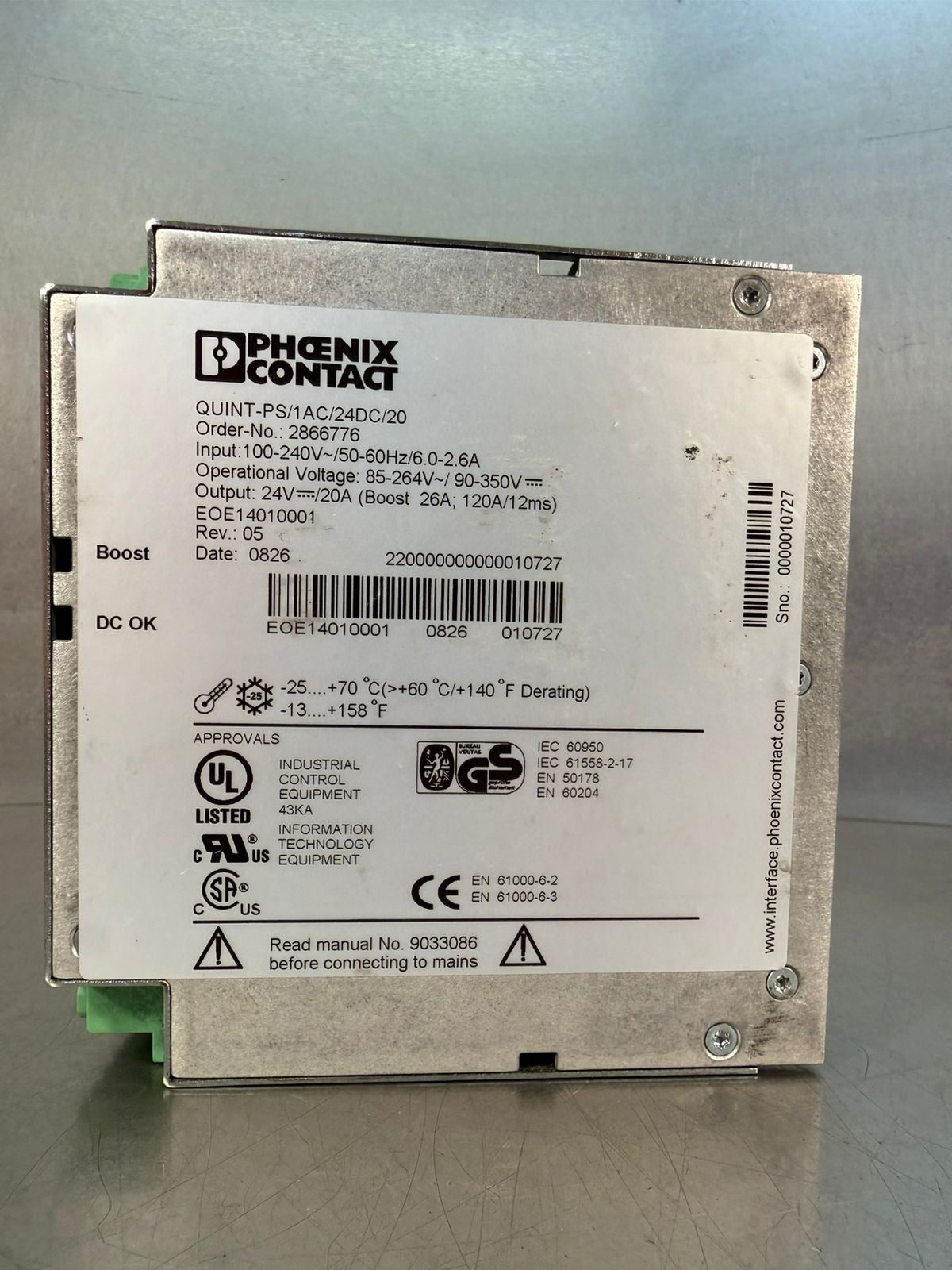 Phoenix Contact Quint-PS/1AC/24DC/20 2866776 Power Supp. 24VDC 20A (4.1.4)