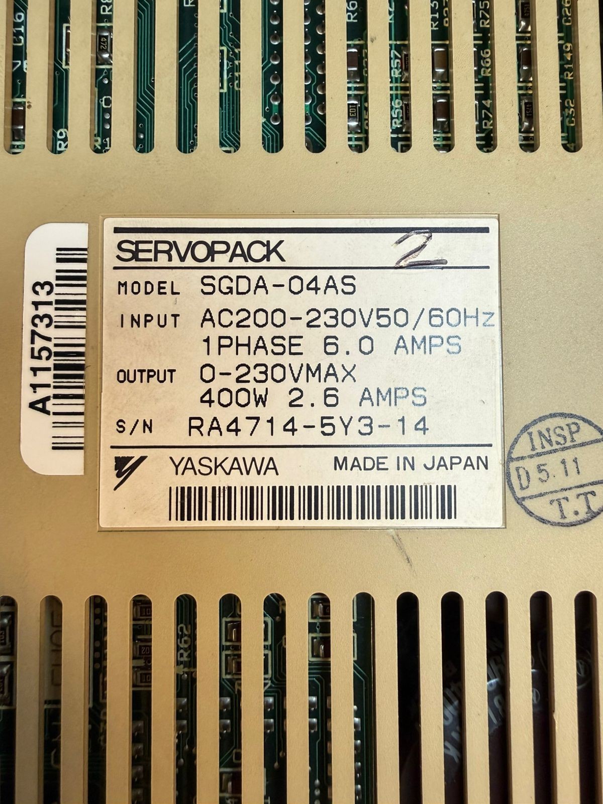 Yaskawa SGDA-04AS 1 PH Servopack 200-230Vac 6.0A (9.3.4)