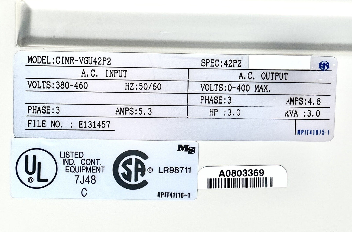 YASKAWA 676VG3 - MODEL:CIMR-VGU42P2 (BIN-1.1.3)