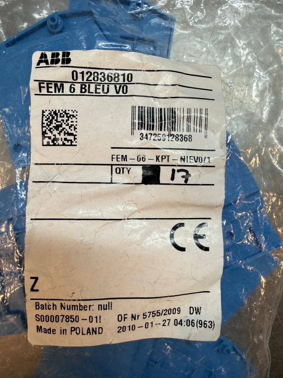 Abb Fem-6-BLEU-V0 Terminal Block Lot of 17 012836810 (7.3.2)