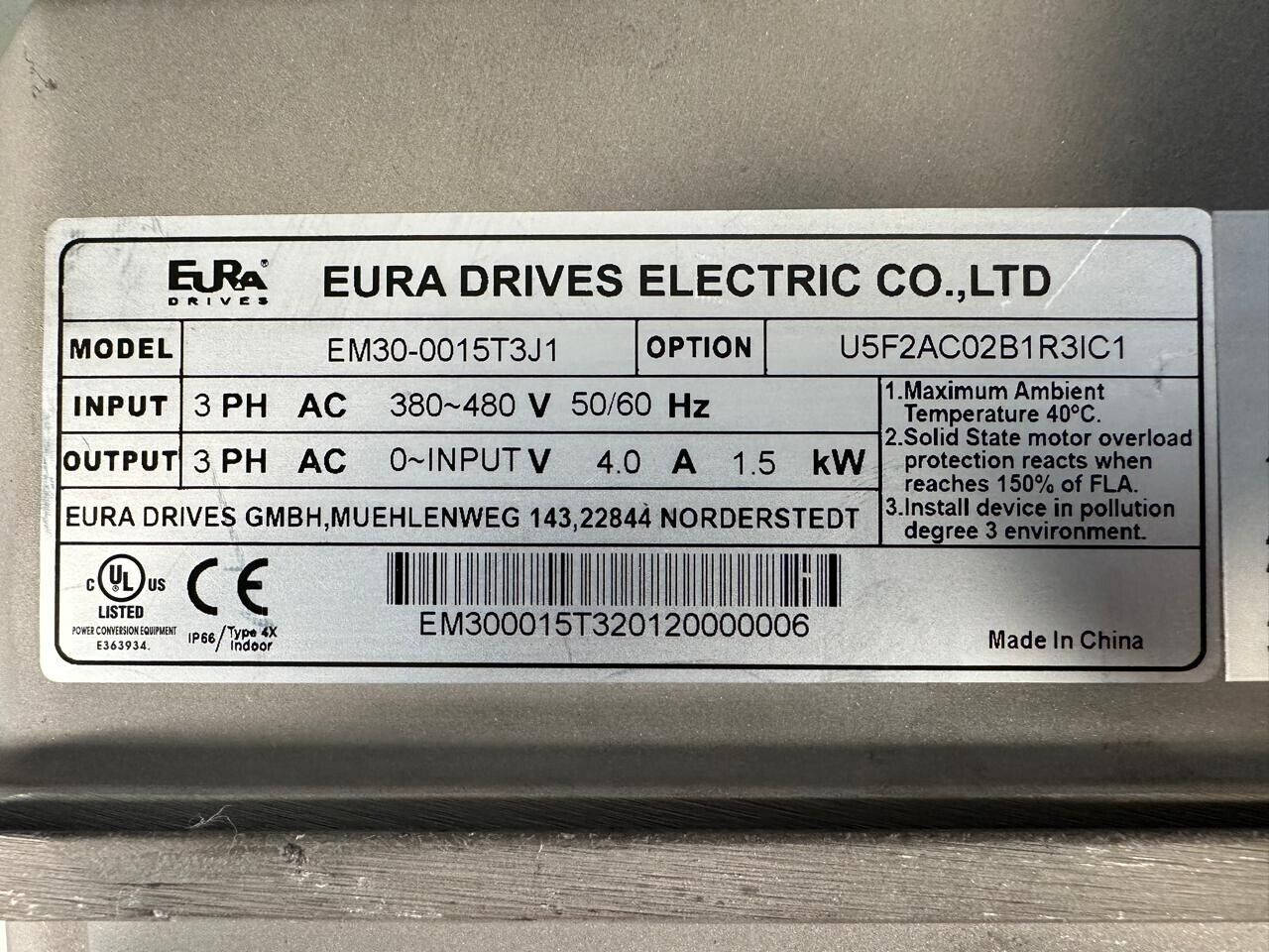 Eura Drives EM30-0015T3J1 3Ph. 50/60 Hz (1E-02)