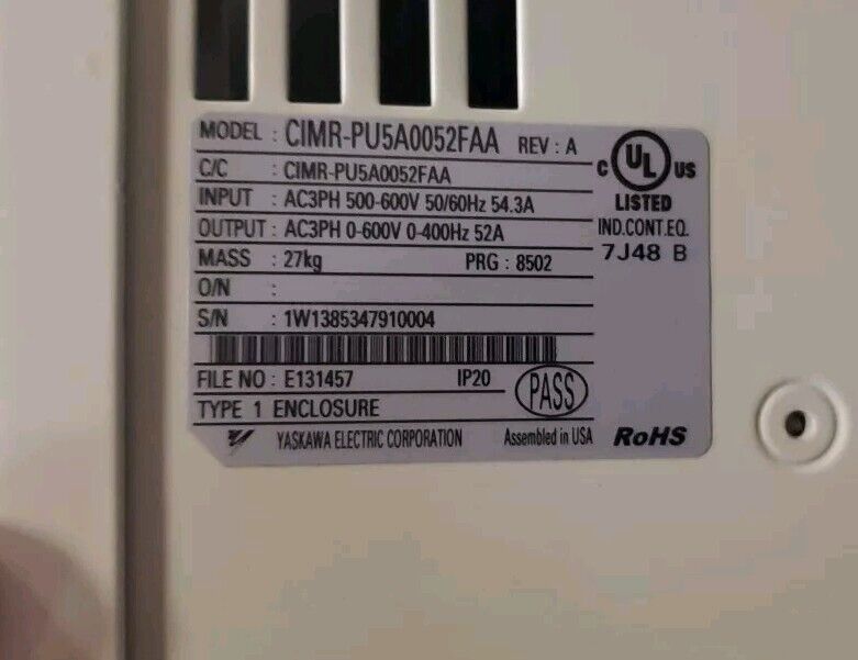 Yaskawa CIMR-PU5A0052FAA Rev.A AC Drive, 52A 3PH 600VAC. 1D-36