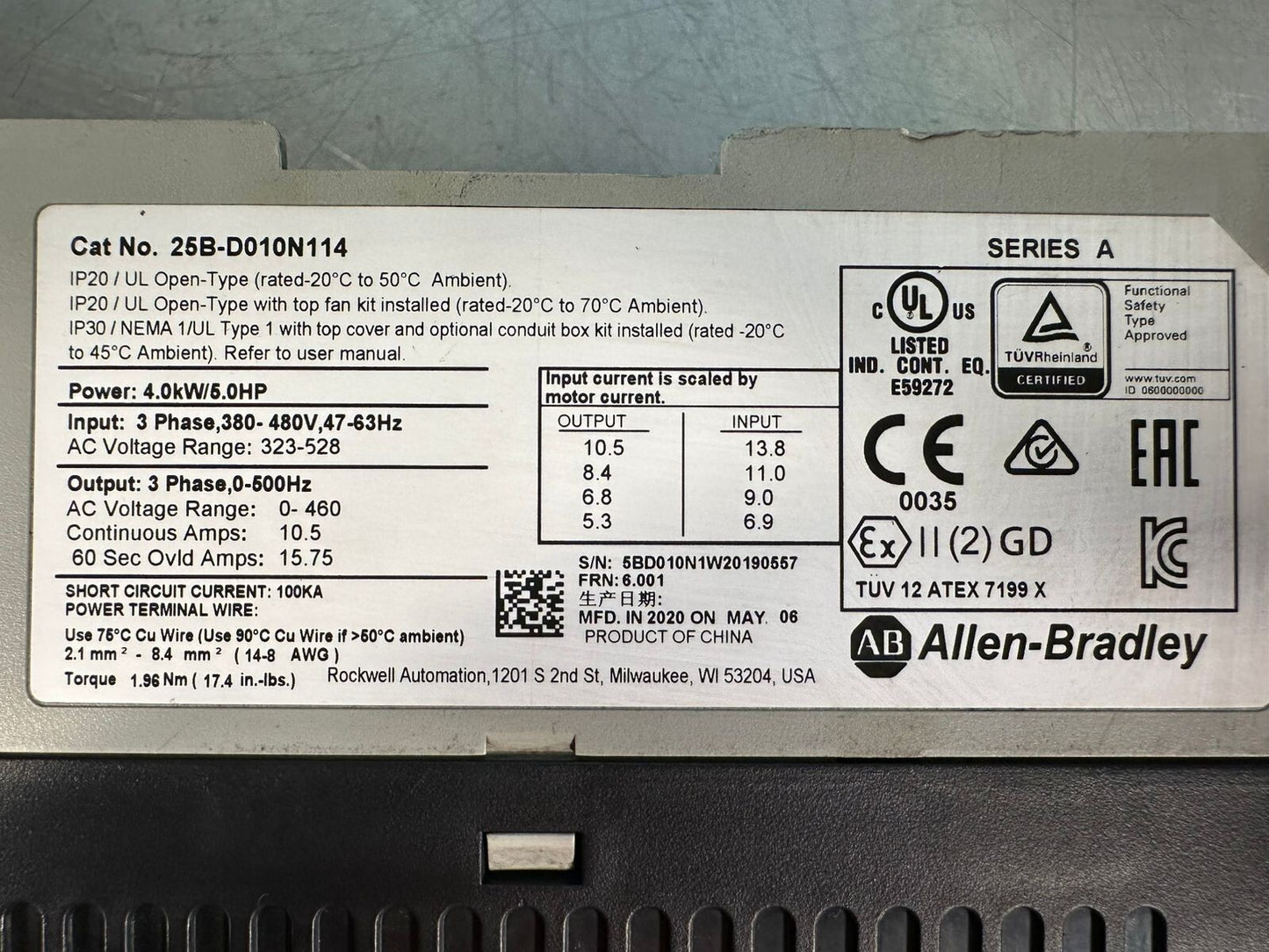 Allen Bradley 25B-D010N114 PowerFlex 525 4.0kw 5HP 3Ph (2.3.3)