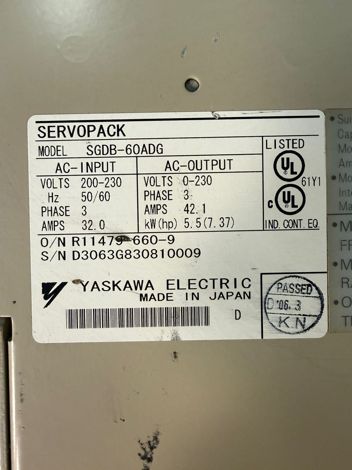 Yaskawa Servopack SGDB-60ADG 200-230V 50/60 3Ph (7.6.3)