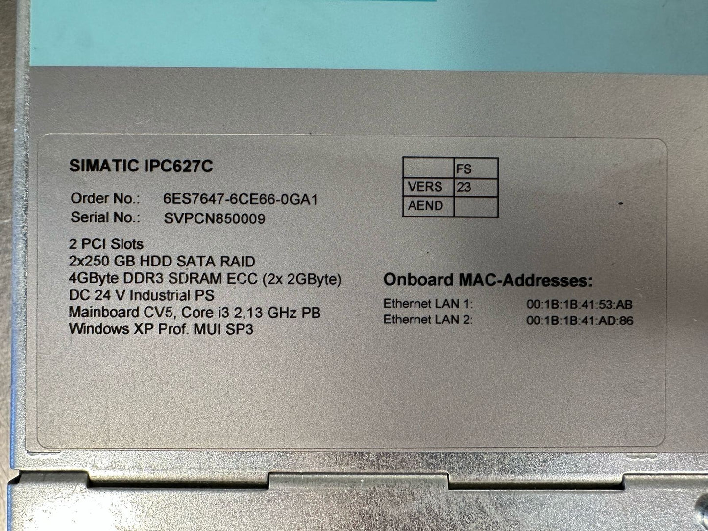 Siemens 6ES7647-6CE66-0GA1 SIMATIC IPC627C (Box PC) (8.4.2)