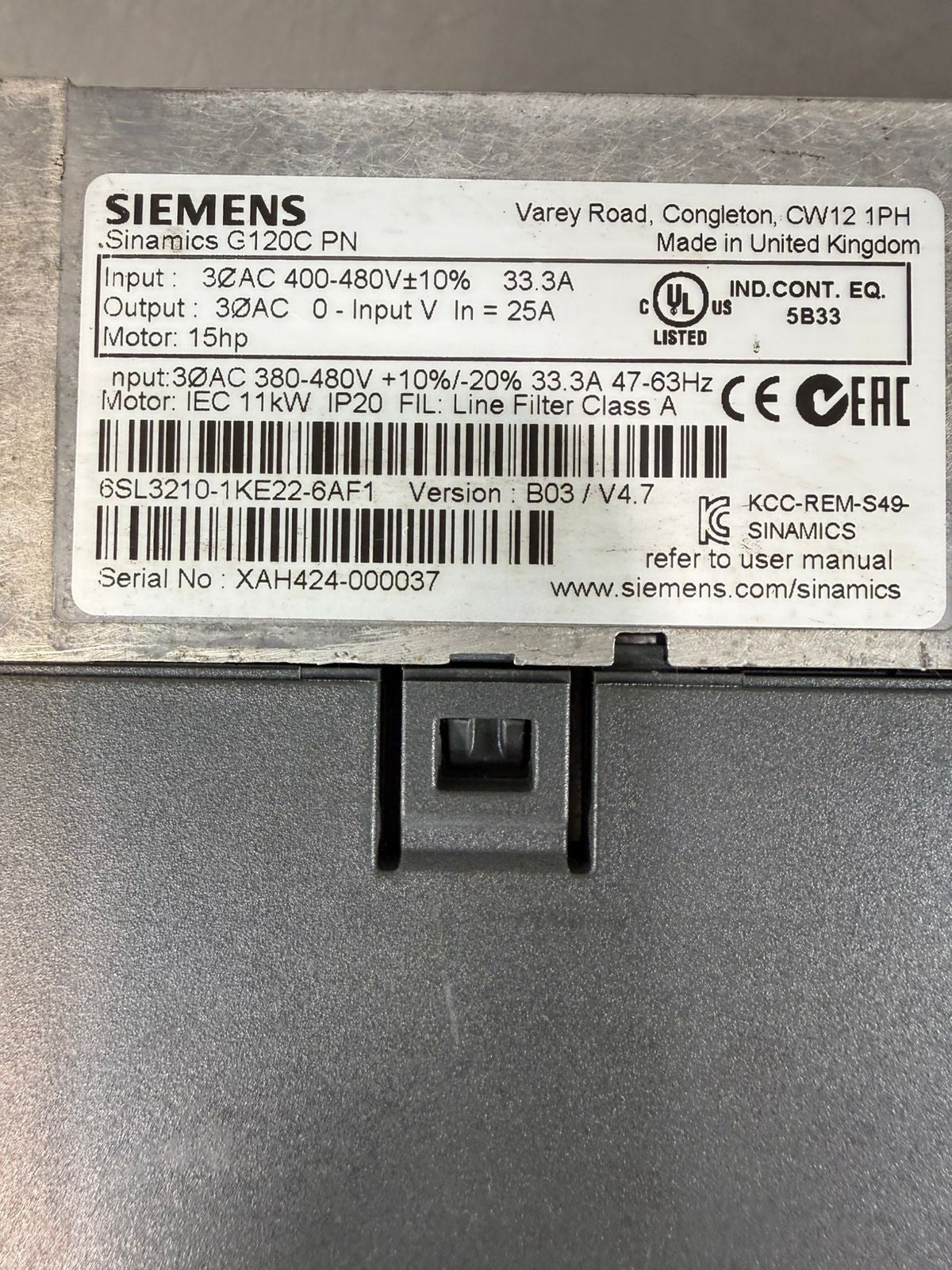 Siemens 6SL3210-1KE22-6AF1 Sinamics G120C Pn / Ver.B03/V4.7 (9.4.1)
