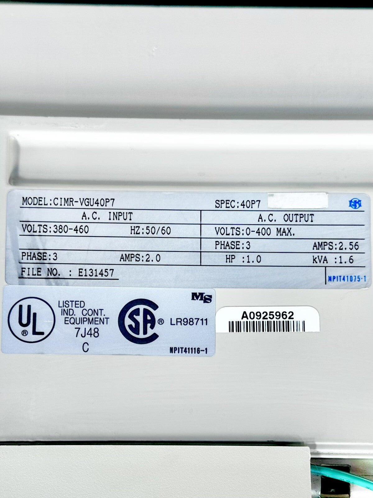 YASKAWA 676VG3 - CIMR-VGU40P7 frequency converter operation. (Bin 1.1.3)