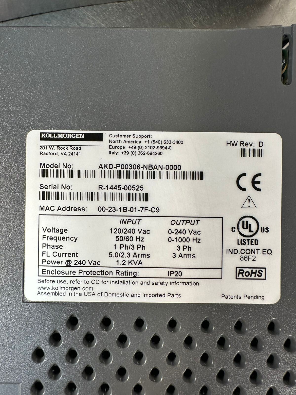 Kollmorgen AKD-P00306-NBAN-0000 240 Vac 1.2KVA (3.4.5)