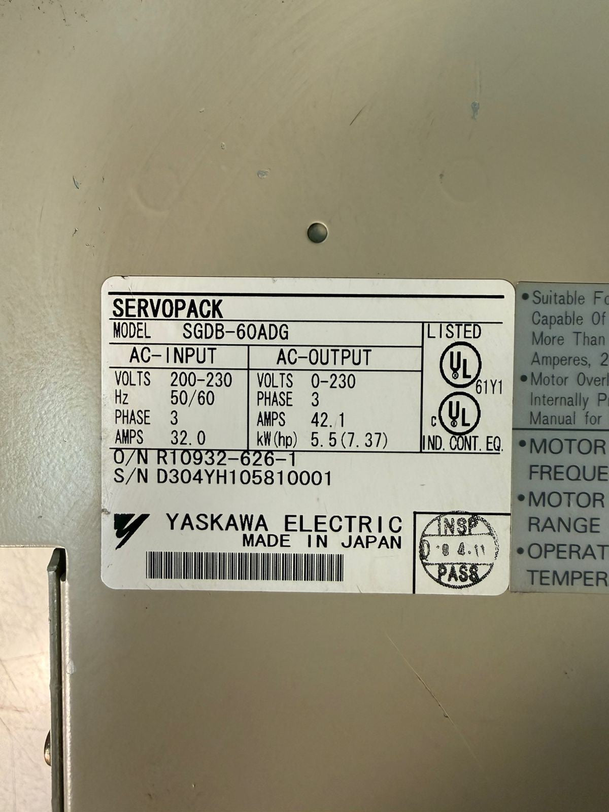 Yaskawa Servopack SGDB-60ADG 200-230V 5.5kW 3 Phase (1.4.5)