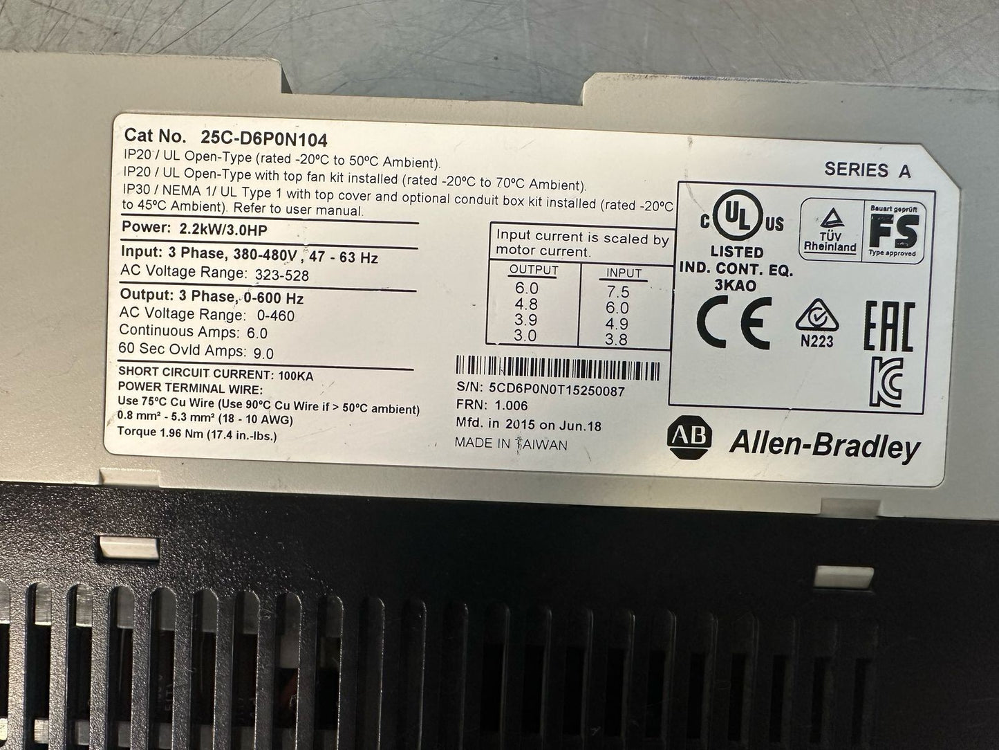 Allen Bradley 25C-D6P0N104 POWERFLEX 2.2kW / 3.0HP (7.4.4)