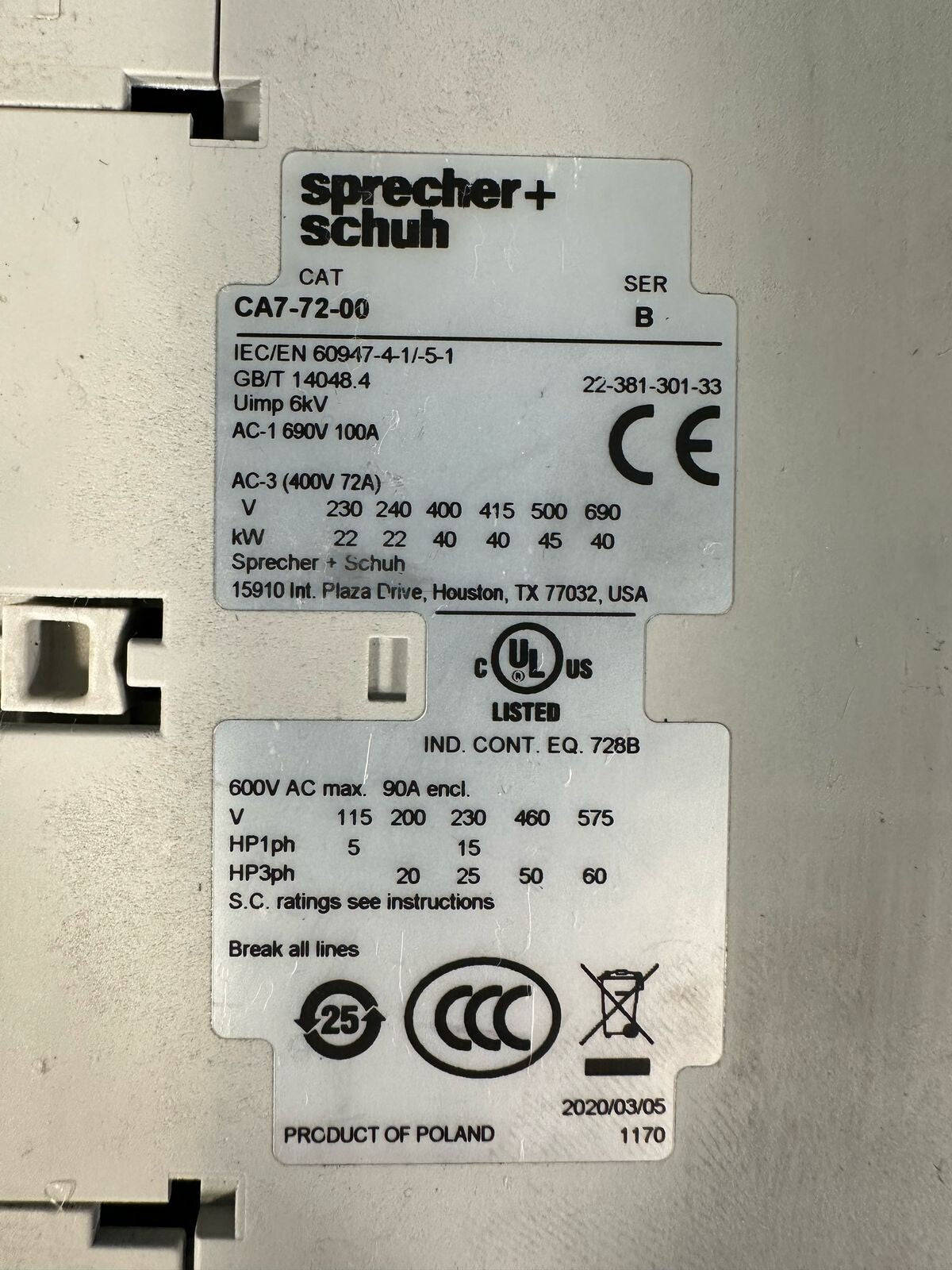Specher + Schuh CA7-72-00 Contactor (7.3.1)