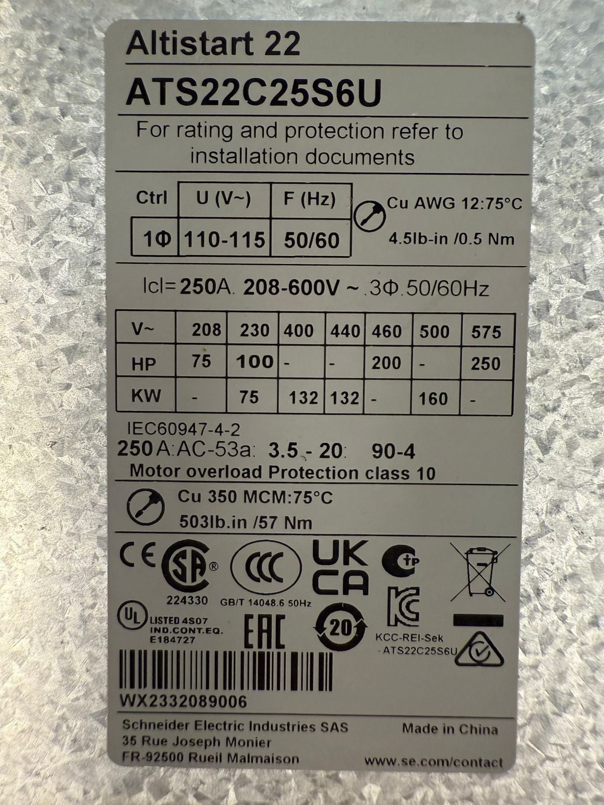 Schneider Altistart-22 ATS22C25S6U Soft Start / 250A 208-600V (1.5.5)