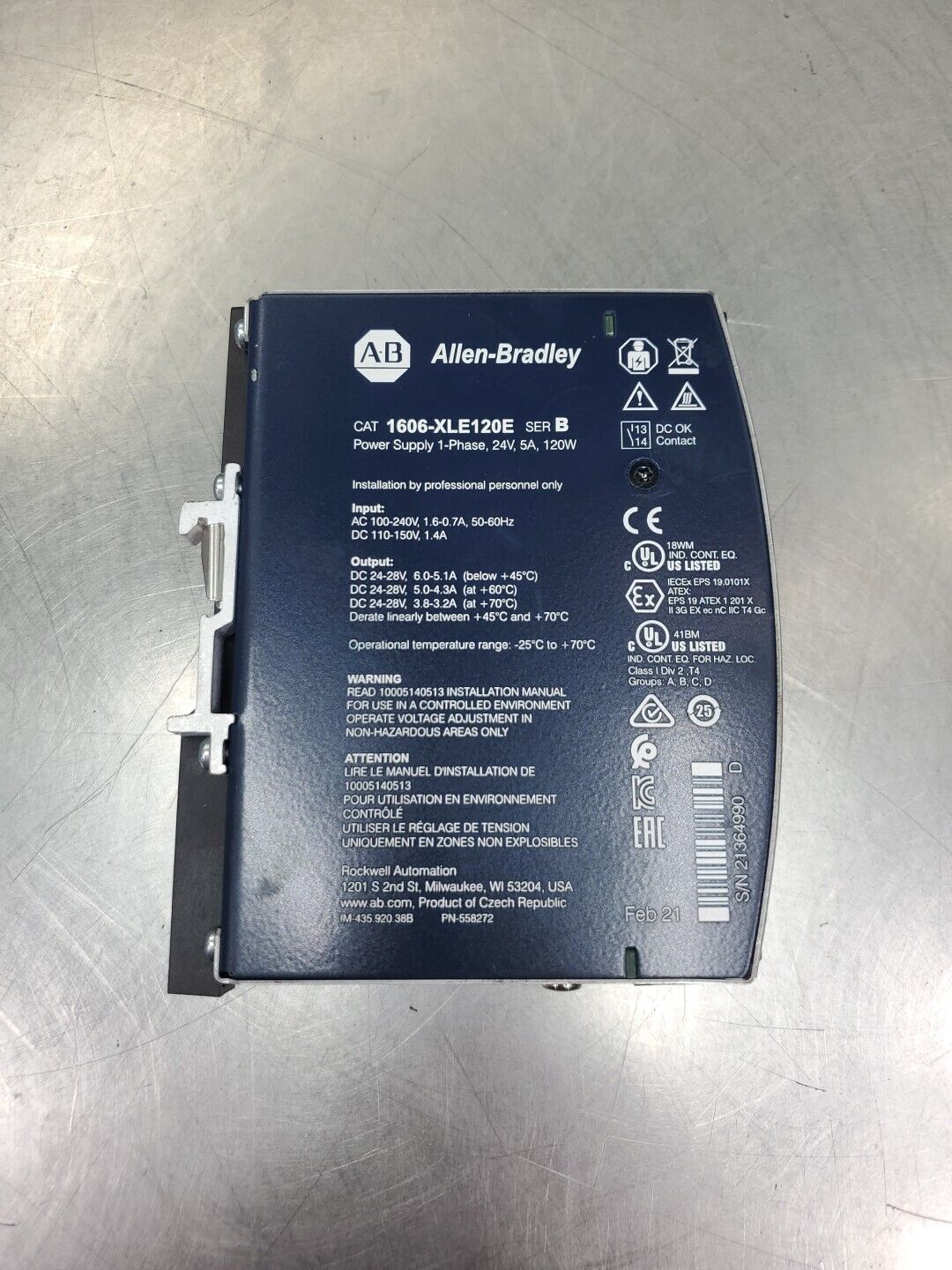 Allen-Bradley 1606-XLE120E Ser B Power Supply, 120W 24VDC 5A. 4B-12