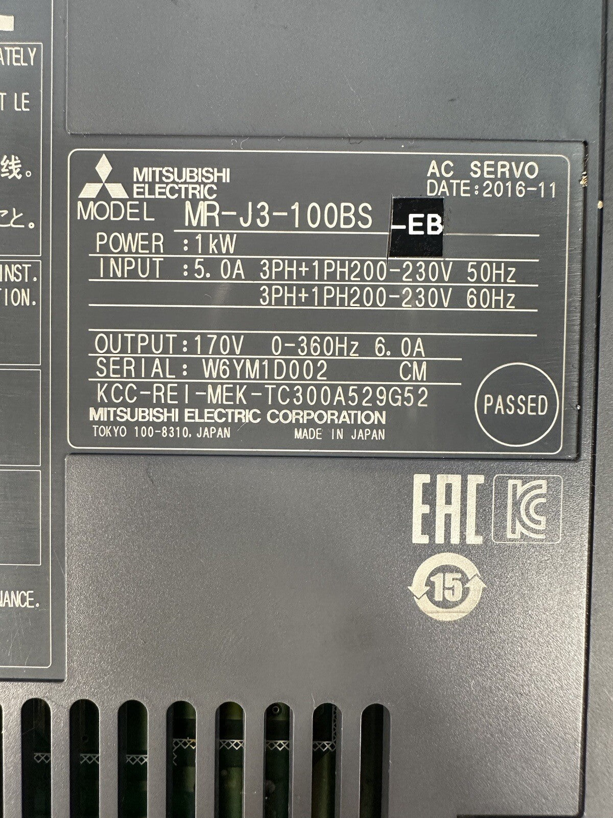 Mitsubishi MR-J3-100BS Servo Drive 200-230v-ac 170v-ac 1kw (BIN-1.2.4)