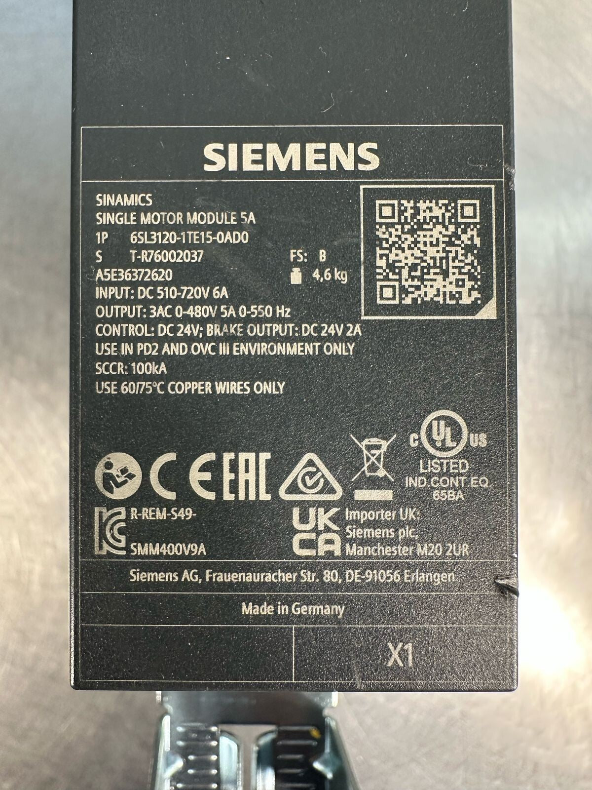 Siemens Sinamics Single Motor Module 5A 6SL3120-1TE15-0AD0 (8.4.3)