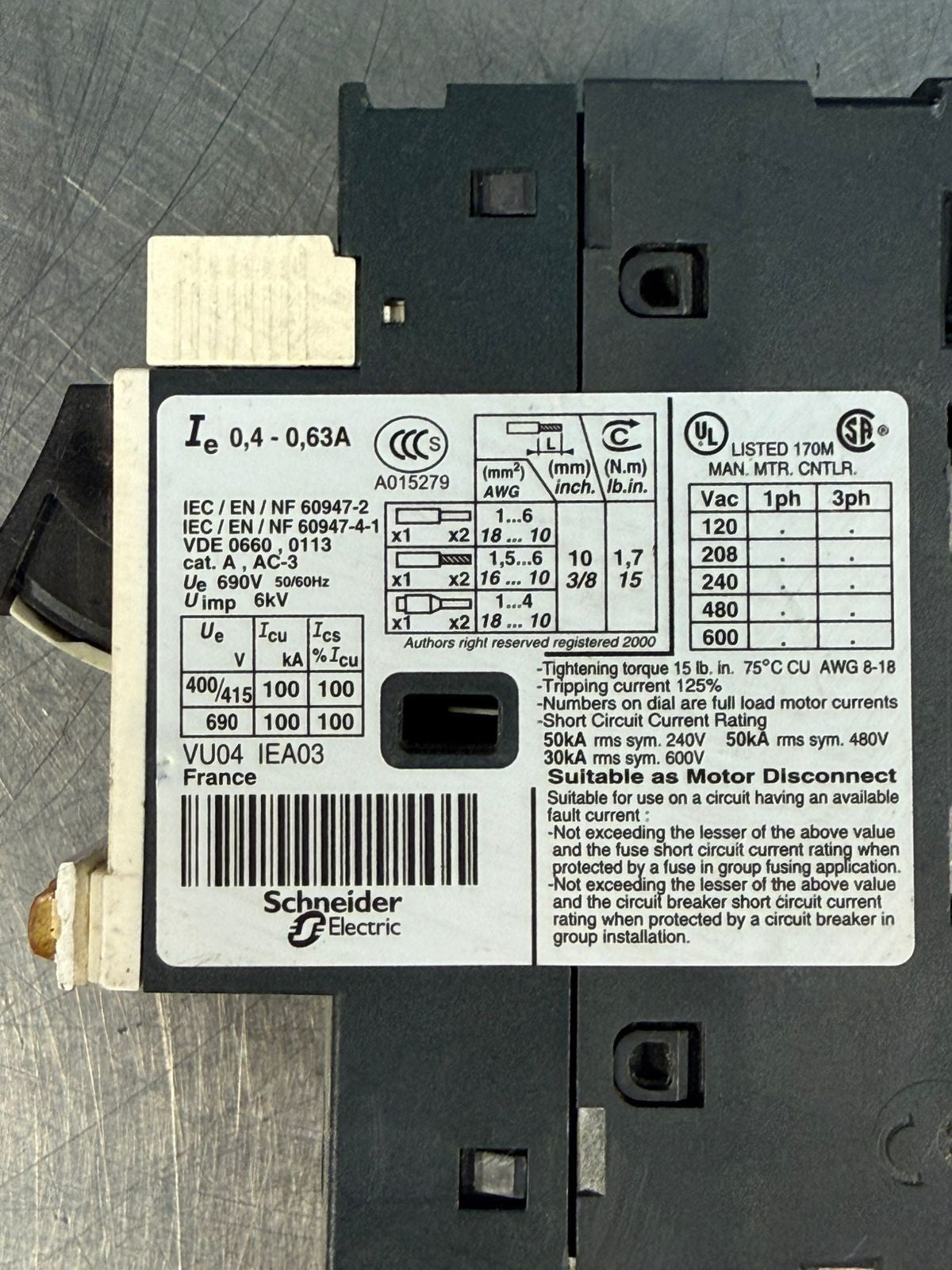 Telemecanique GV2ME04 Motor Protec C. Break. GV2 ME04 / 0.4 - .63 A (4.1.3)