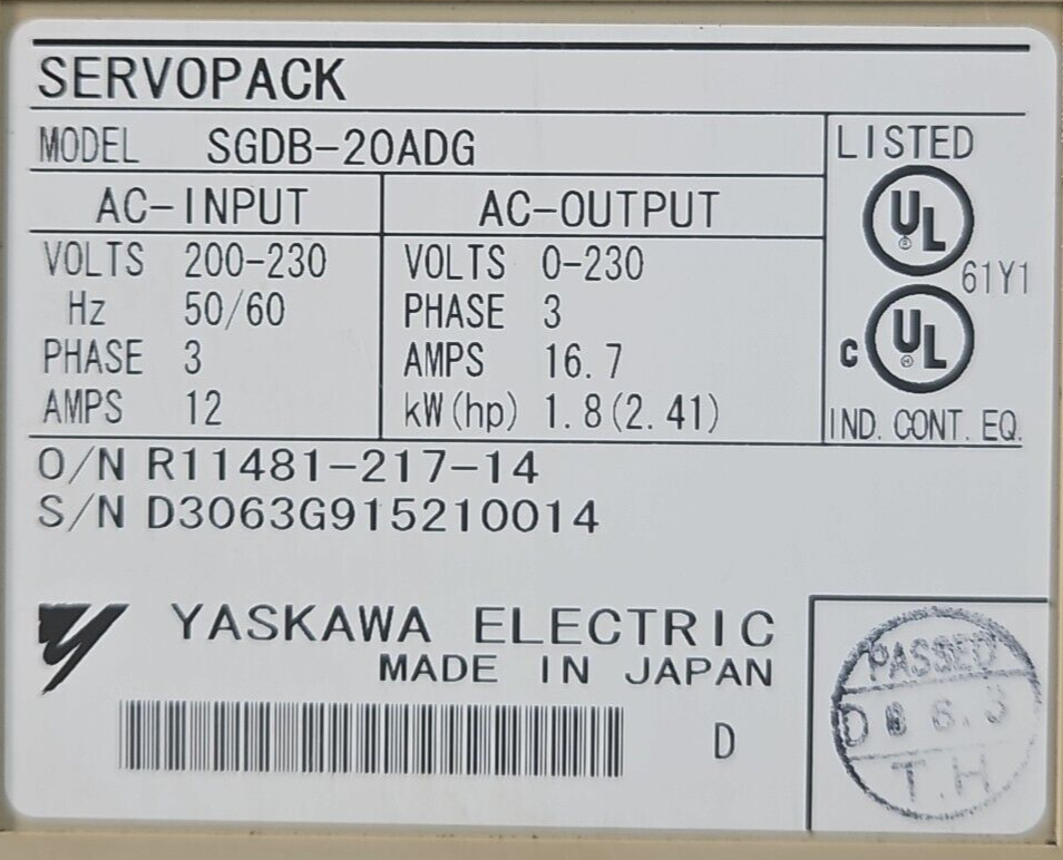YASKAWA SGDB-20ADG Servo Drive  (BIN2.2.1)