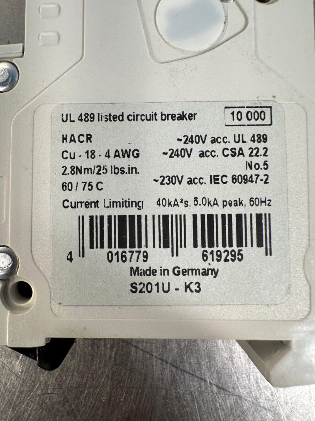 Abb S201U-K3A Miniature Circuit Breaker 240VAC 3A 50/60Hz 10ka (4c-41)