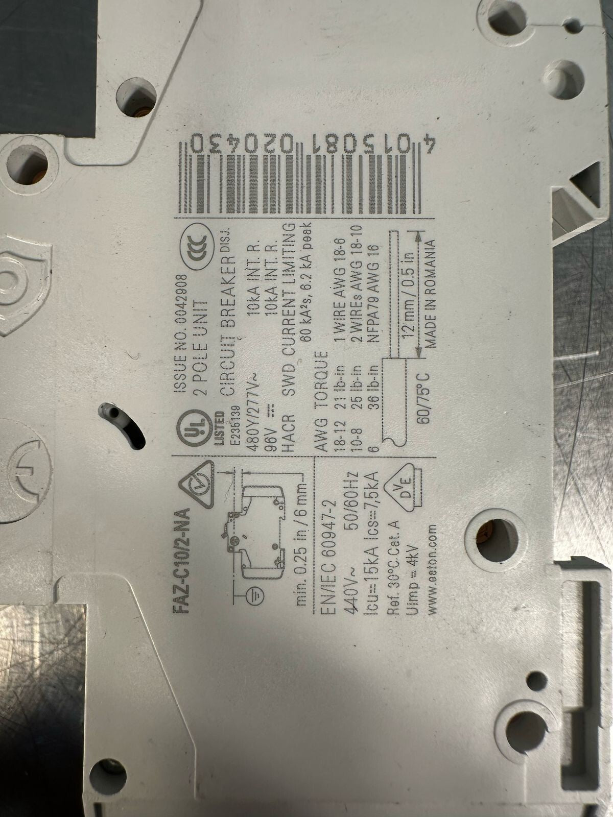 Eaton FAZ-C10/2-NA 10A, 2P, 277/480V Circuit Breaker (5.4.2)