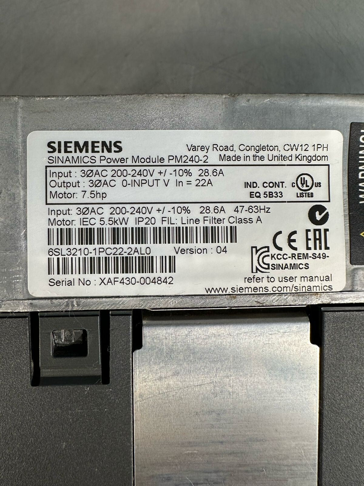 Siemens Sinamics 6SL3210-1PC22-2AL0 Version 04 Sinamics Power Mod (2.5.4)