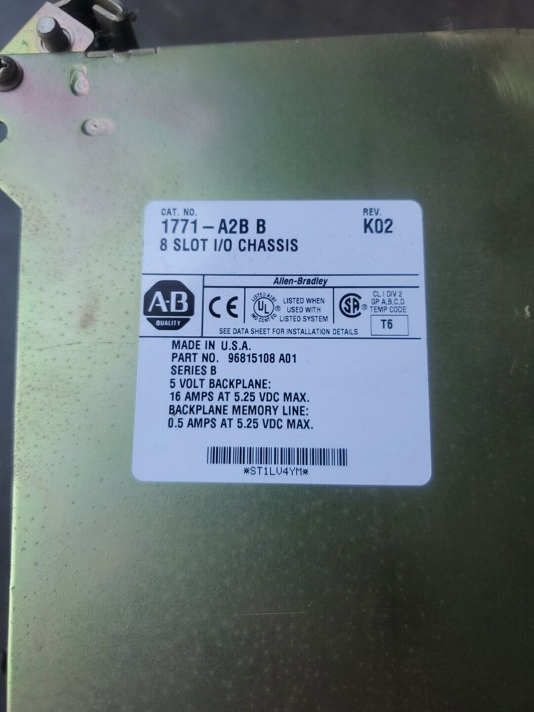 Allen Bradley 1771-A2B Ser. B Rev K02 8-Slot I/O Chassis. 3A-36