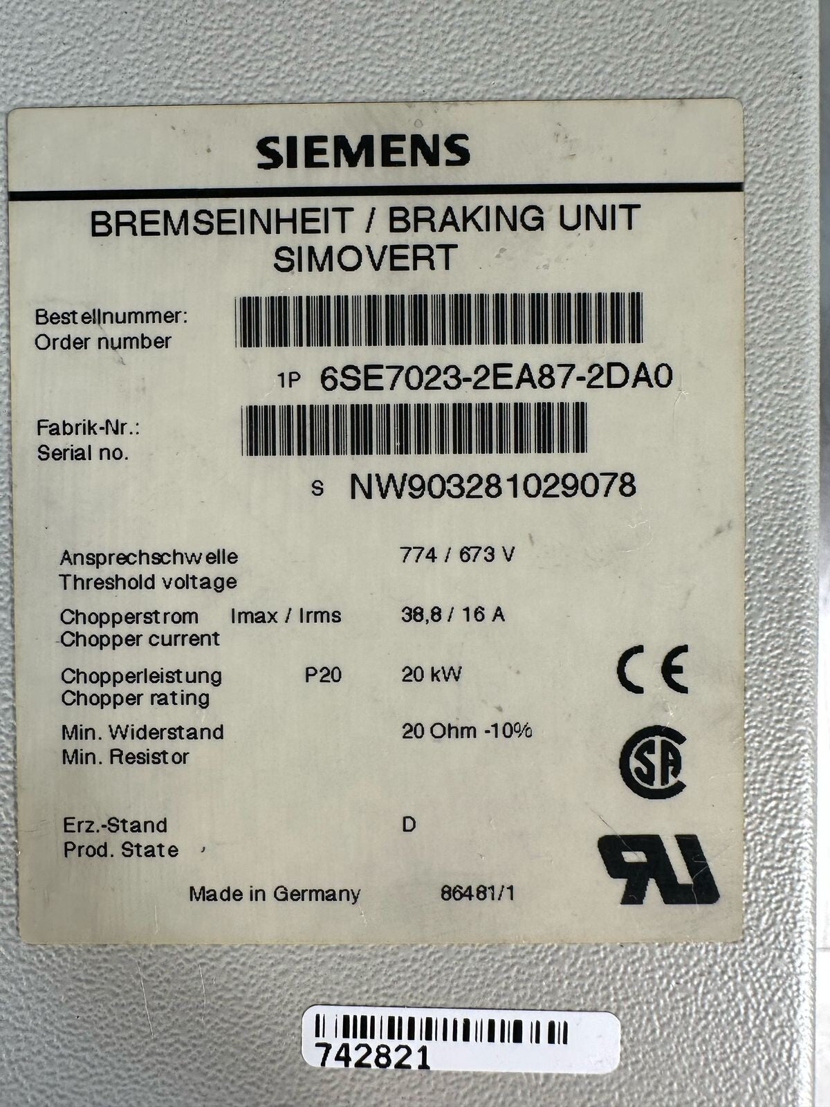 Siemens 6SE7023-2EA87-2DA0 6SE7 023-2EA87-2DA0 (8.5.3)
