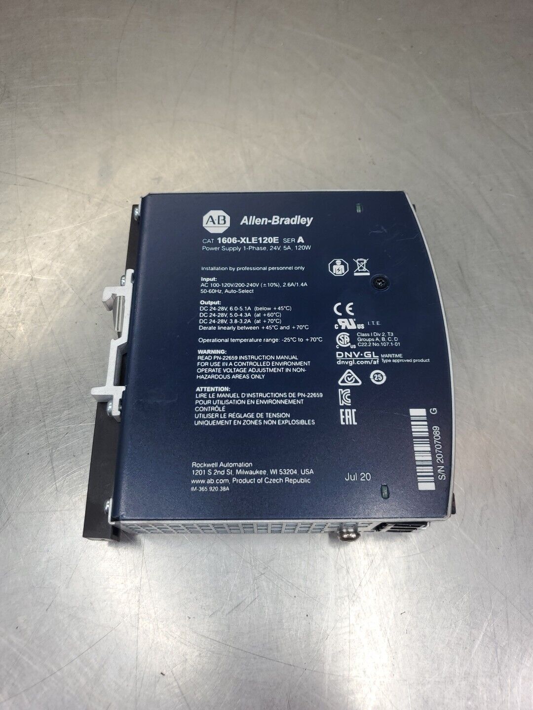Allen-Bradley 1606-XLE120E Ser A Power Supply, 24-28VDC 5A. 4B-12