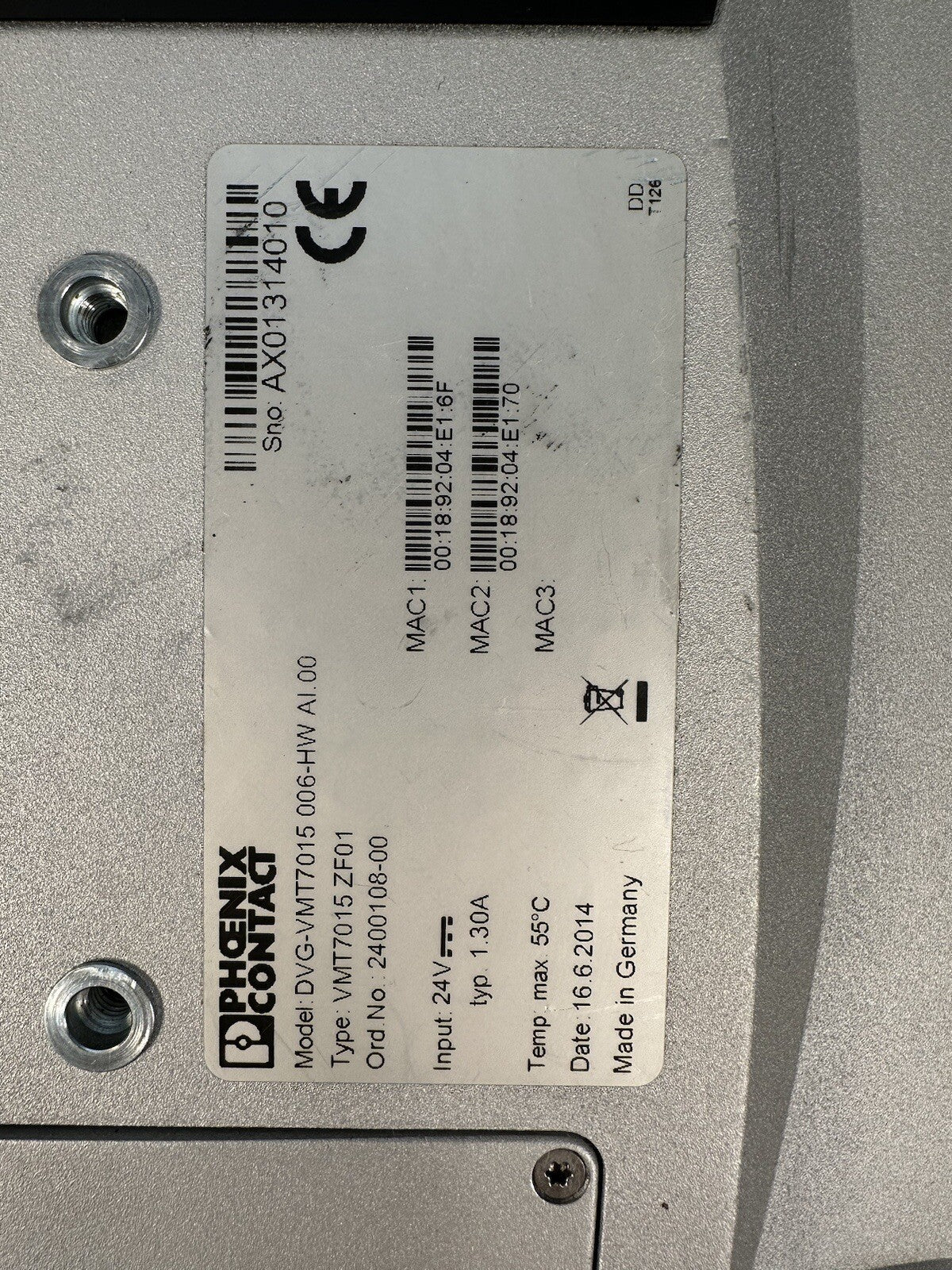 PHOENIX CONTACT DVG-VMT7015 006-HW AN.00 VMT7015ZF01 HMI Panel 24VDC (BIN-1.2.5)