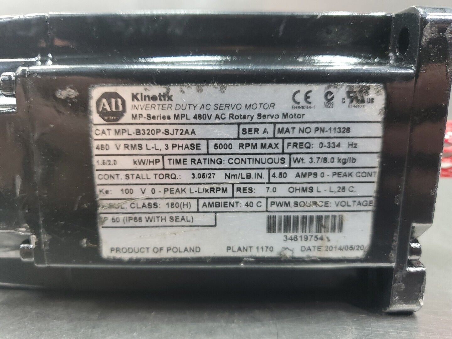 Allen Bradley MPL-B320P-SJ72AA Rotary Servo Motor, 5000RPM *REFURB* 1C