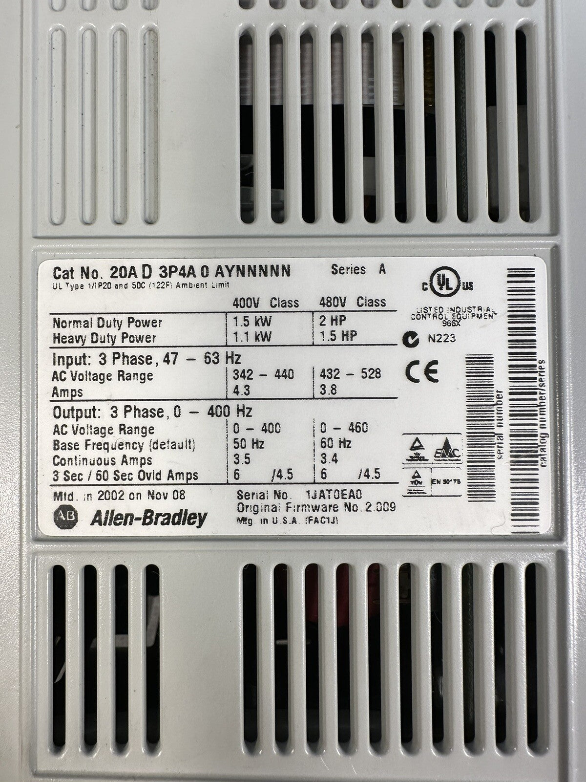 ALLEN BRADLEY 2 HP POWERFLEX 70 - 3Ø 480 VAC 20A D3P4A0AYNNNNN *TESTED* @1.1.4