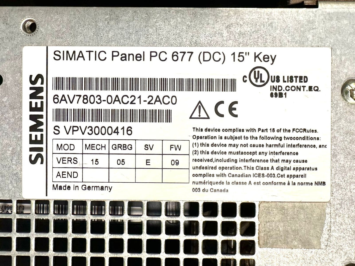 Siemens 6AV7803-0AC21-2AC0 SIMATIC PANEL PC 677 15" KEY (1.3.2)