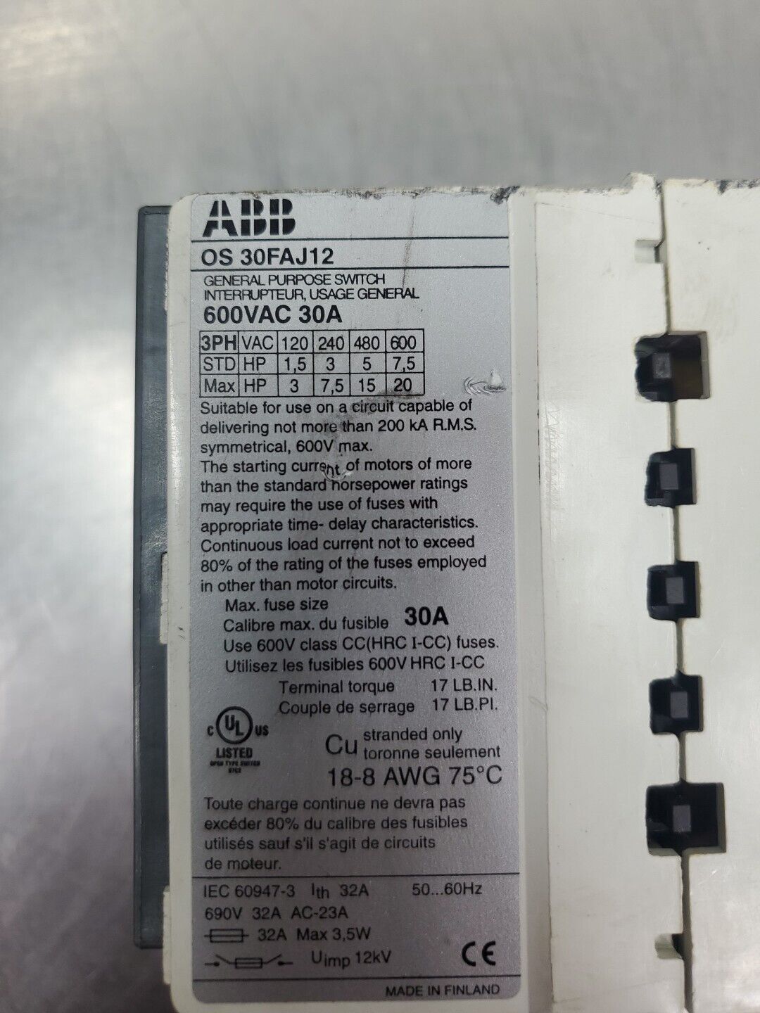 ABB OS 30FAJ12 General Purpose Switch Interrupter, 600VAC 30A. 4C-13