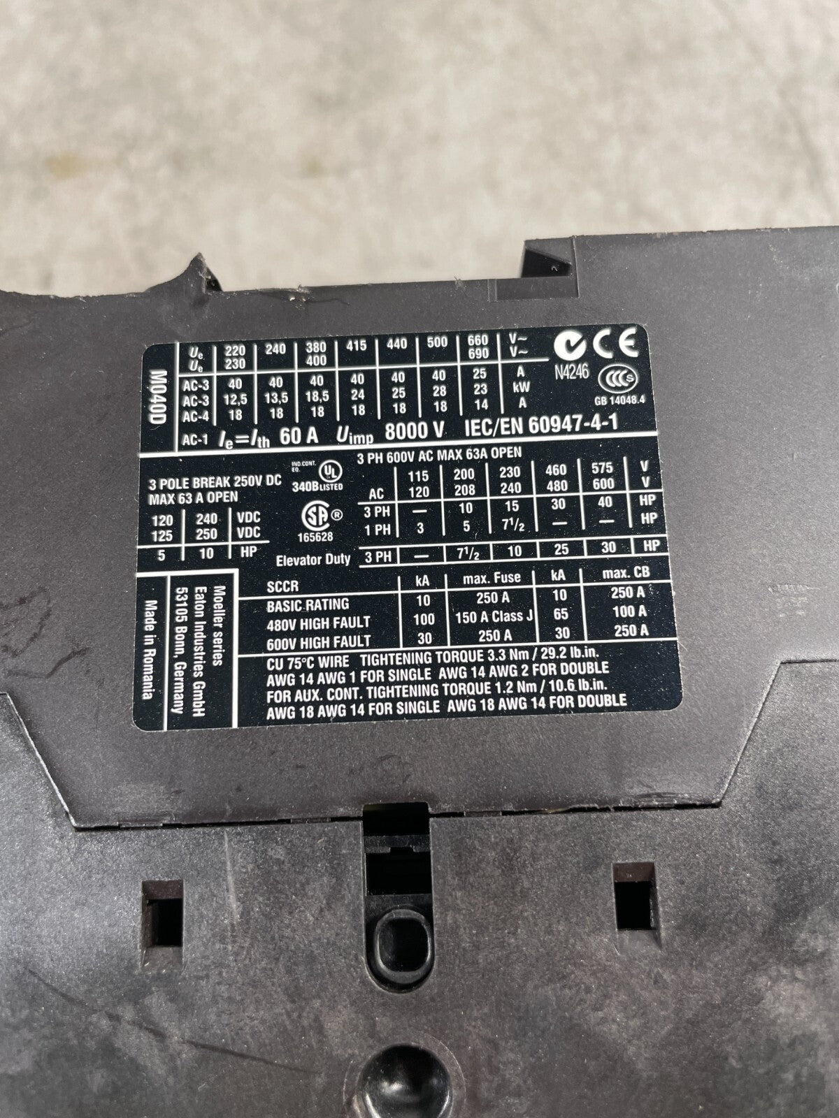 Eaton DilM40 XTCE040D 60 Amp 3-Pole AC/DC Motor Starter Contact @3.3.5