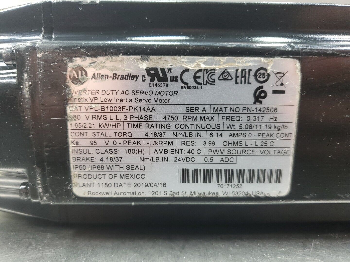Allen Bradley VPL-B1003F-PK14AA Kinetix VP Low Inertia Servo Motor, 4750 RPM 1C