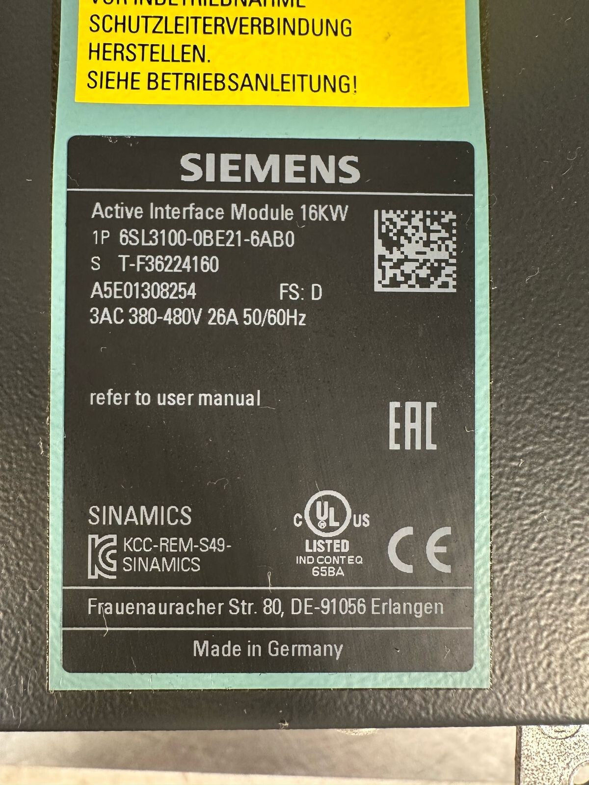 Siemens Sinamics 6SL3100-0BE21-6AB0 Active interface Mod. 16KW (8.4.3)