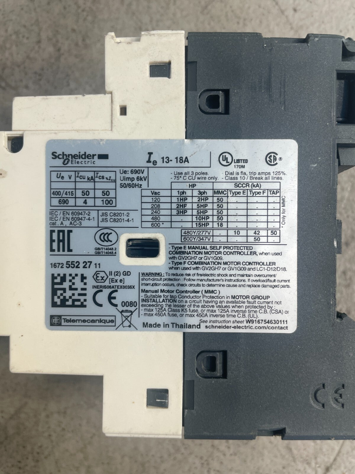 Schneider Electric GV2-P20 Thermal-magnetic 13-18A Motor Circuit Breaker @3.3.5