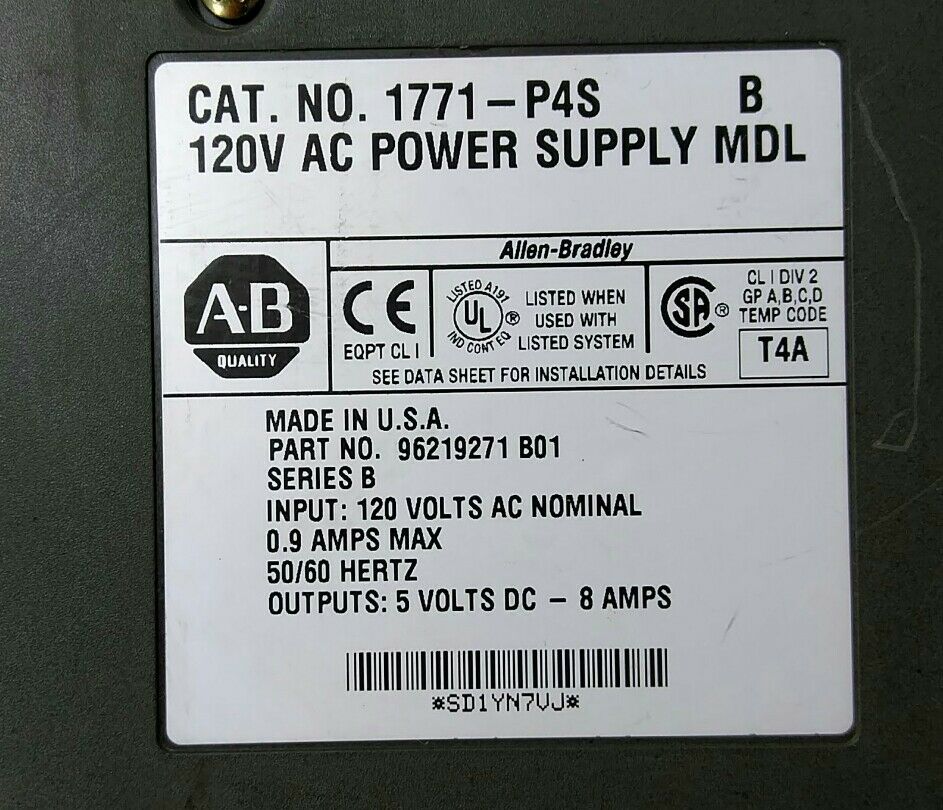 Allen Bradley 1771-P4S Series B PLC-5 Power Supply One Slot 8A 120V AC 3E-9
