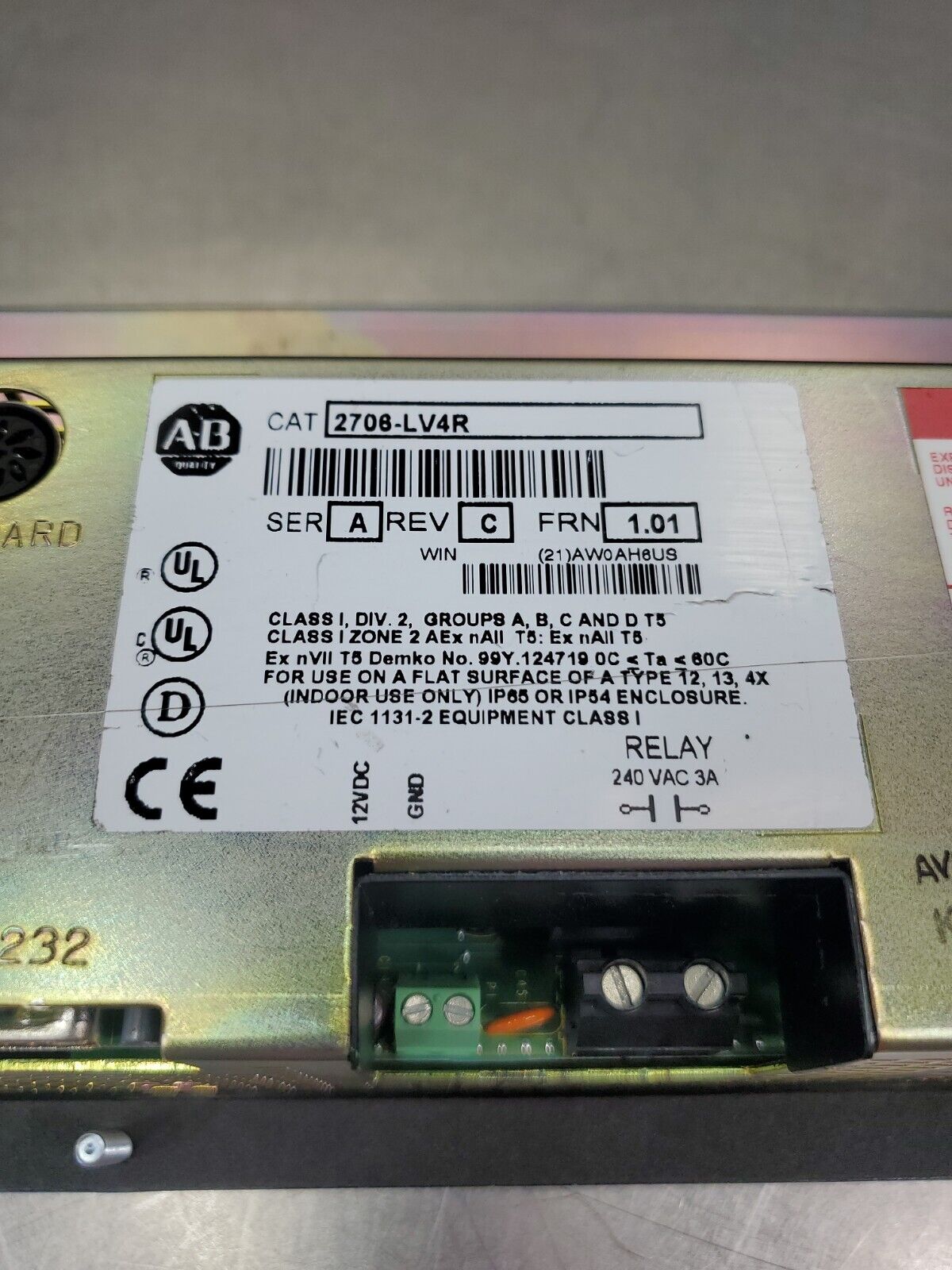 Allen Bradley DataLiner 2706-LV4R Ser A Rev C FRN 1.01 Display Module. 2D