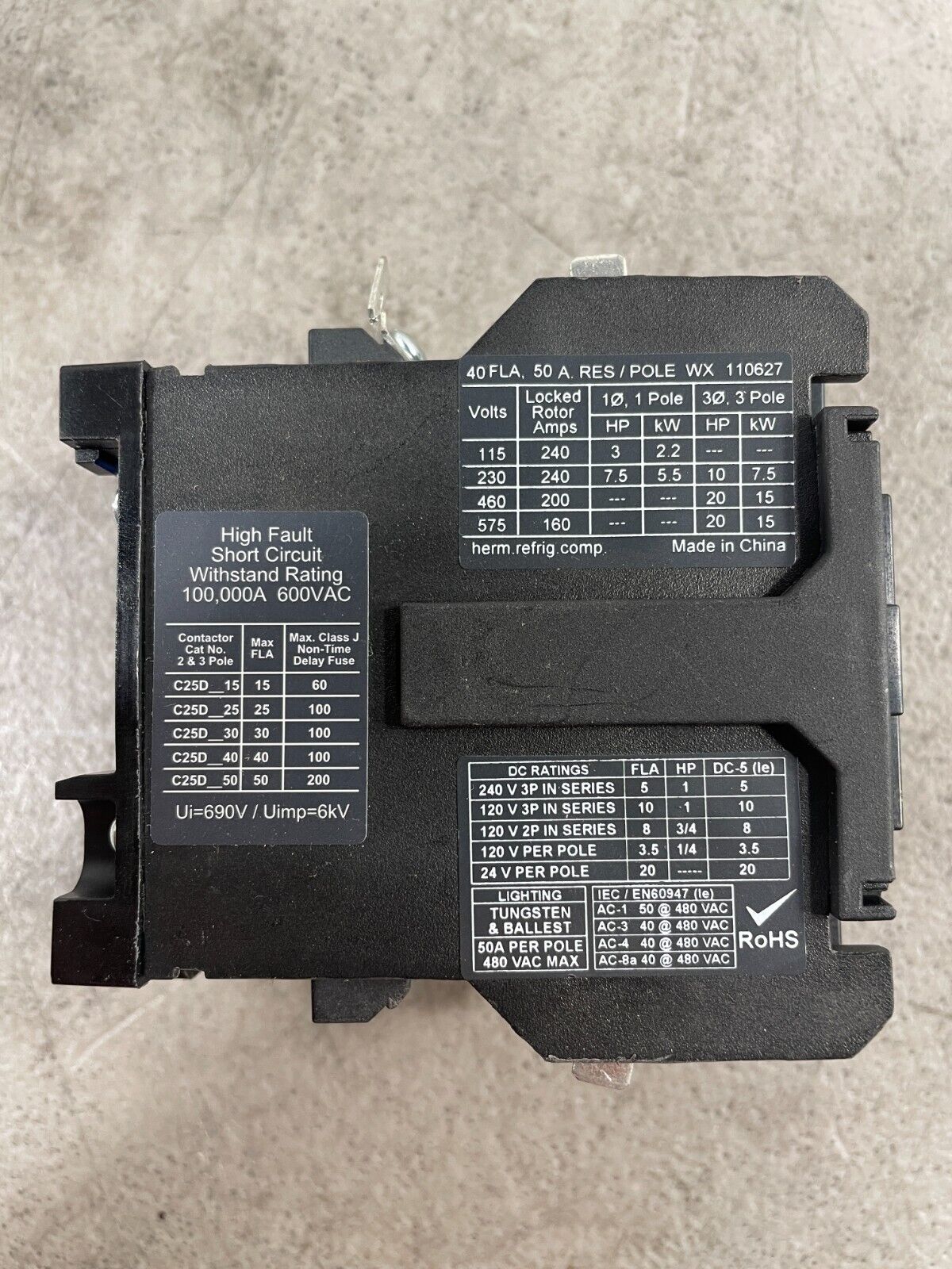 EATON/CUTLER HAMMER C25DRF340A 3Pole 40A Coil Voltage 208-240V D1 Contactor 2D