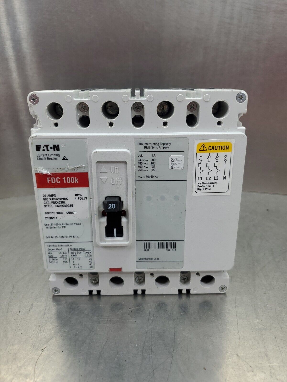 Eaton FDC 100K 20Amp 600VAC Current Limiting Circuit Breaker 4E3