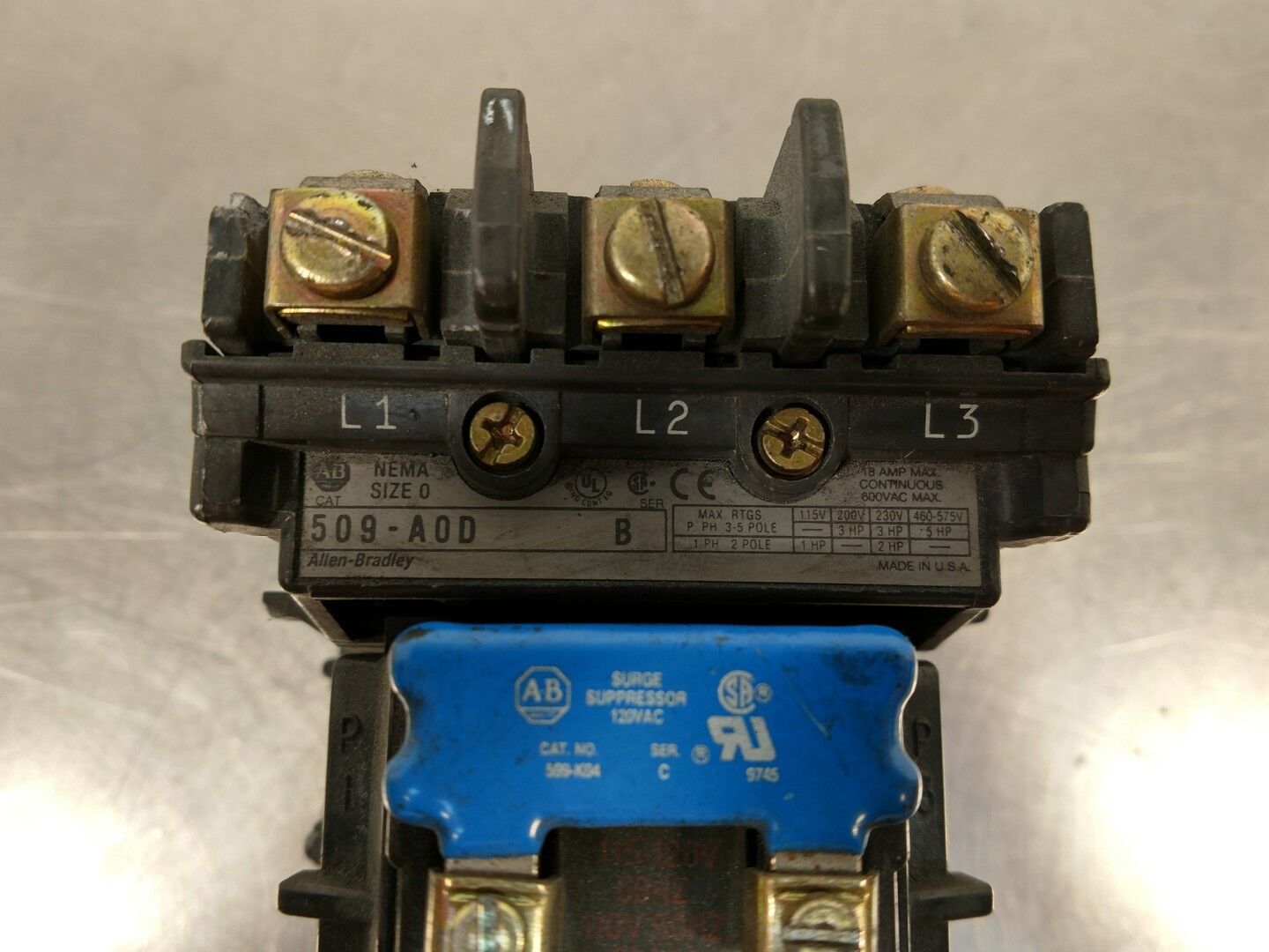 ALLEN-BRADLEY 509-A0D SERIES B SIZE 0 STARTER, 18AMP 600VAC 4E-10