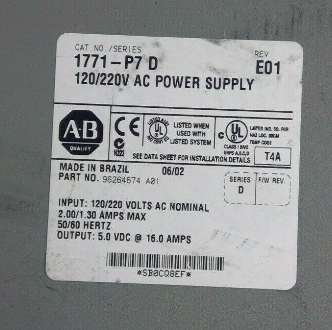 Allen-Bradley 1771-P7 Series D - 120/220V AC Power Supply 4C