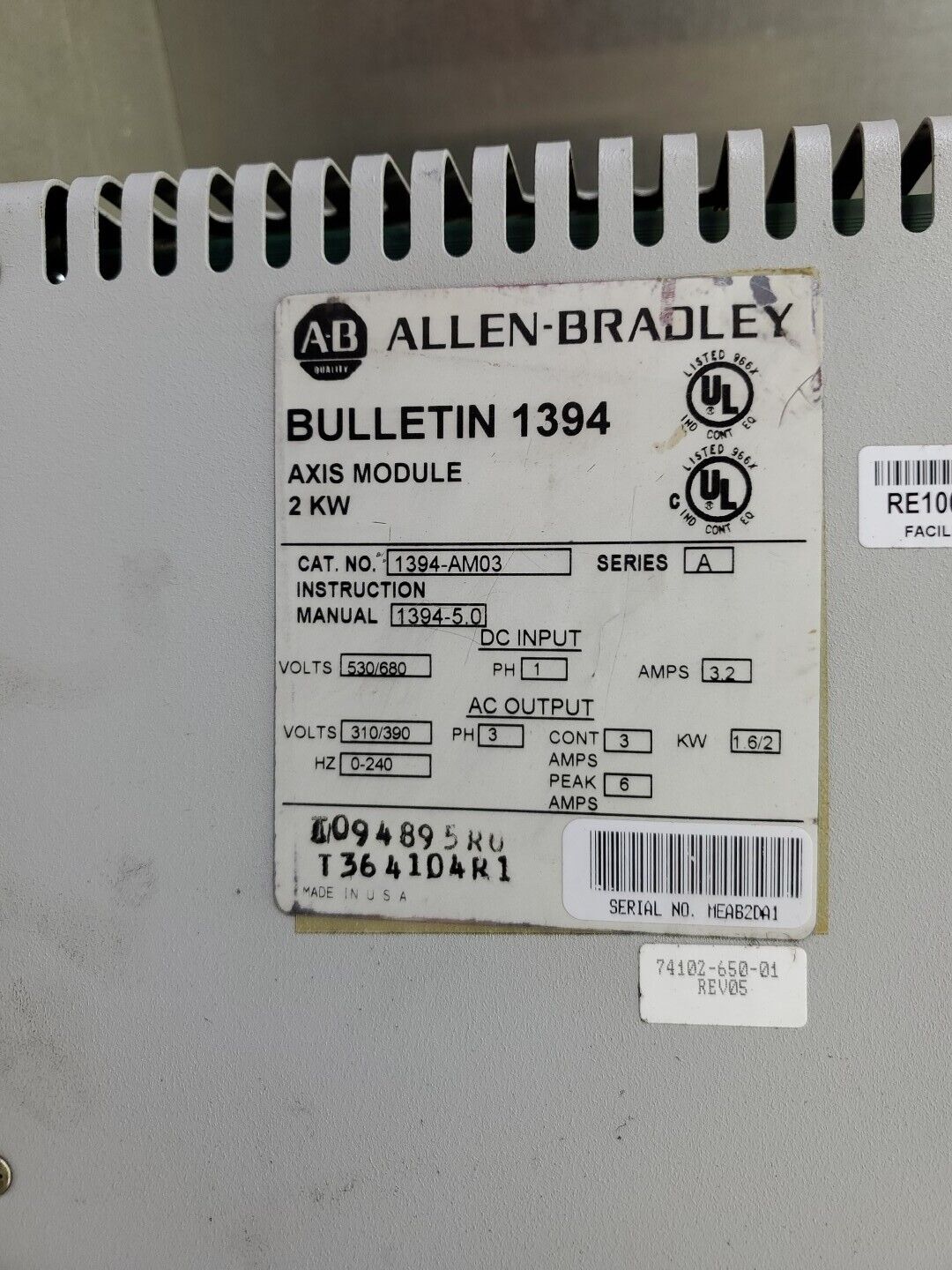 Allen Bradley 1394-AM03 Ser A AC Servo Controller Axis Controller 2 KW. 1D