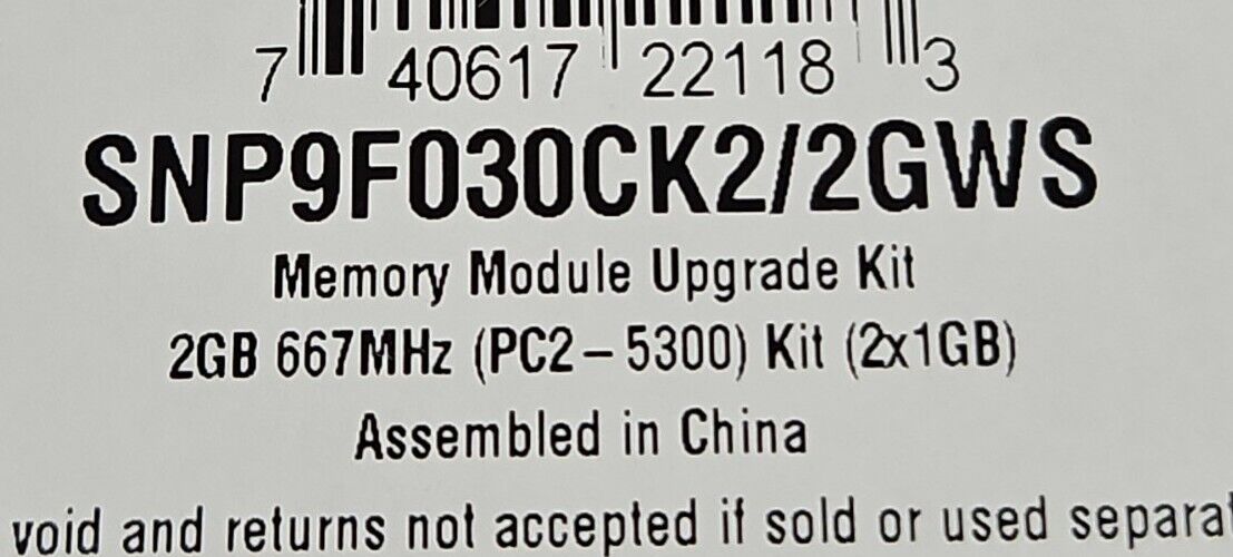 DELL SNP9F030CK2/2GWS Memory Module Upgrade Kit (2x1GB) 667MHz. 3B-25