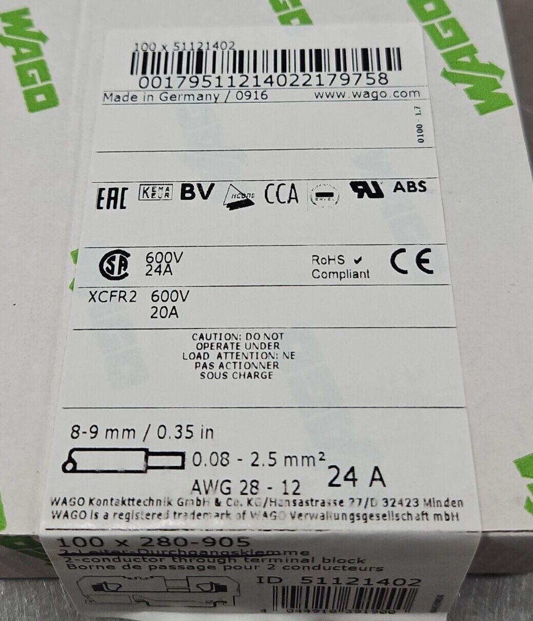 WAGO 280-905 Conductor Through Terminal Block. Box with 100. Loc 3E-32