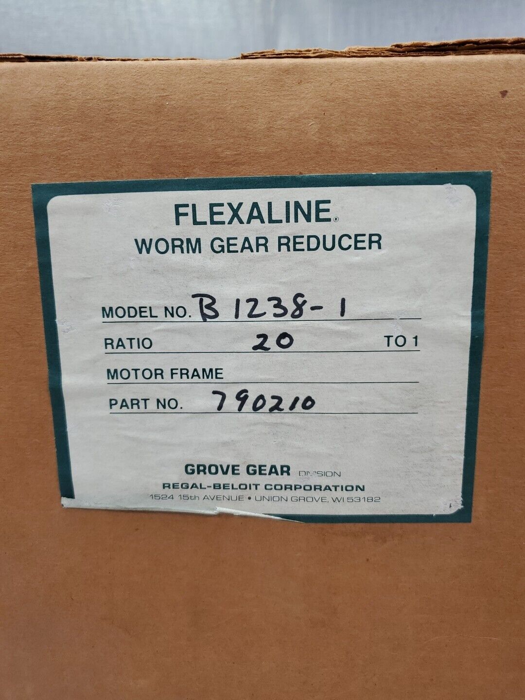 Grove Gear FLEXALINE B1238-1 (20:1 Ration) Worm Gear Reducer. 4F-28
