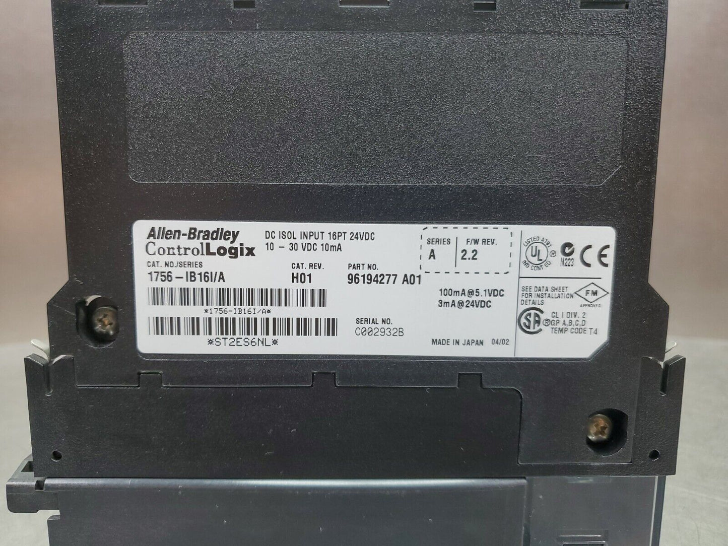 Allen Bradley 1756-IB16I/A Cat. Rev. H01 ControlLogix 16-Point In Module. 3C-9